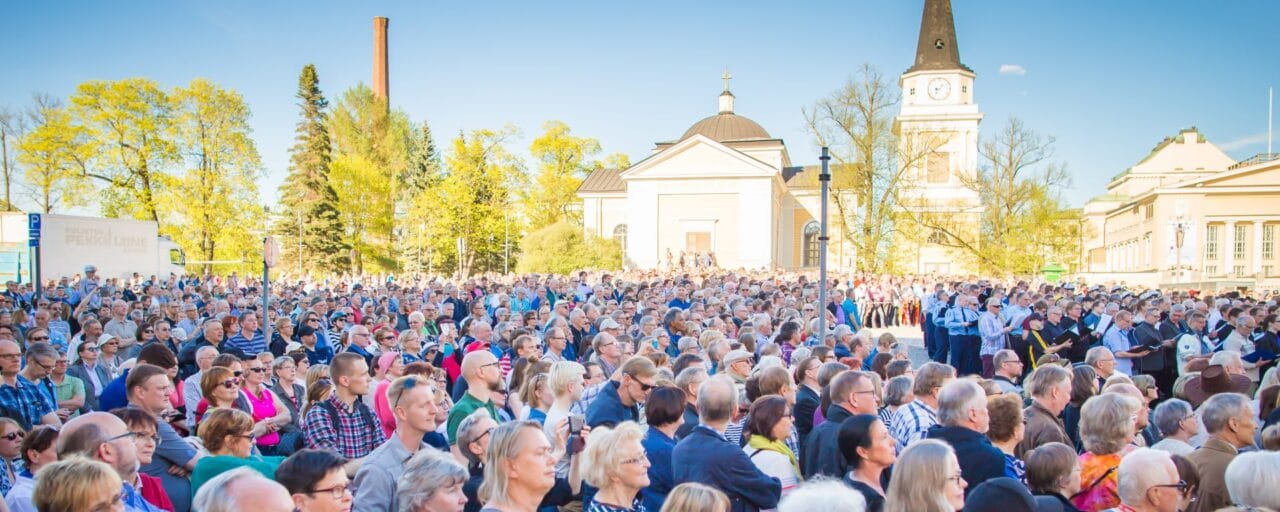 Keskustori with crowd in spring.