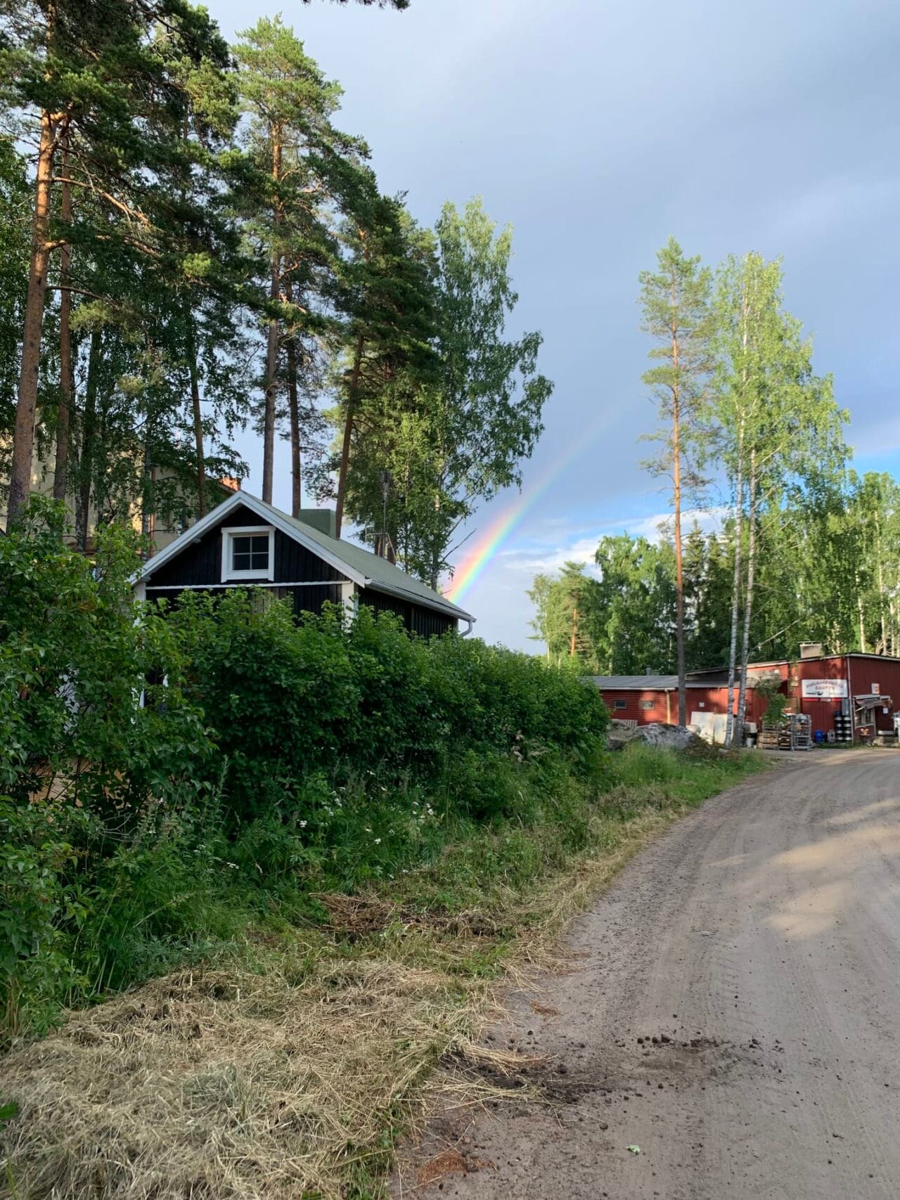 Mökki Pihlajakoskentieltä kuvattuna. Taustalla näkyy ravintola Wonkamies