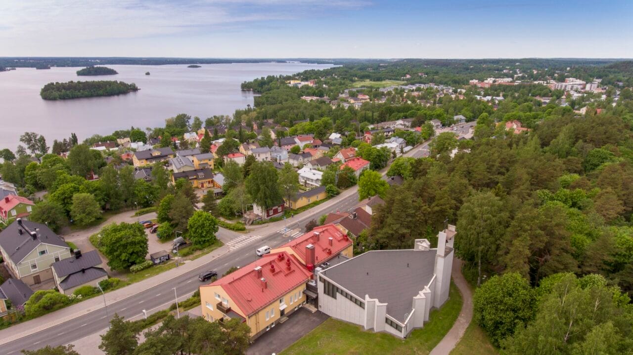 Aerial photo of Pispala skyline with Pispala church.