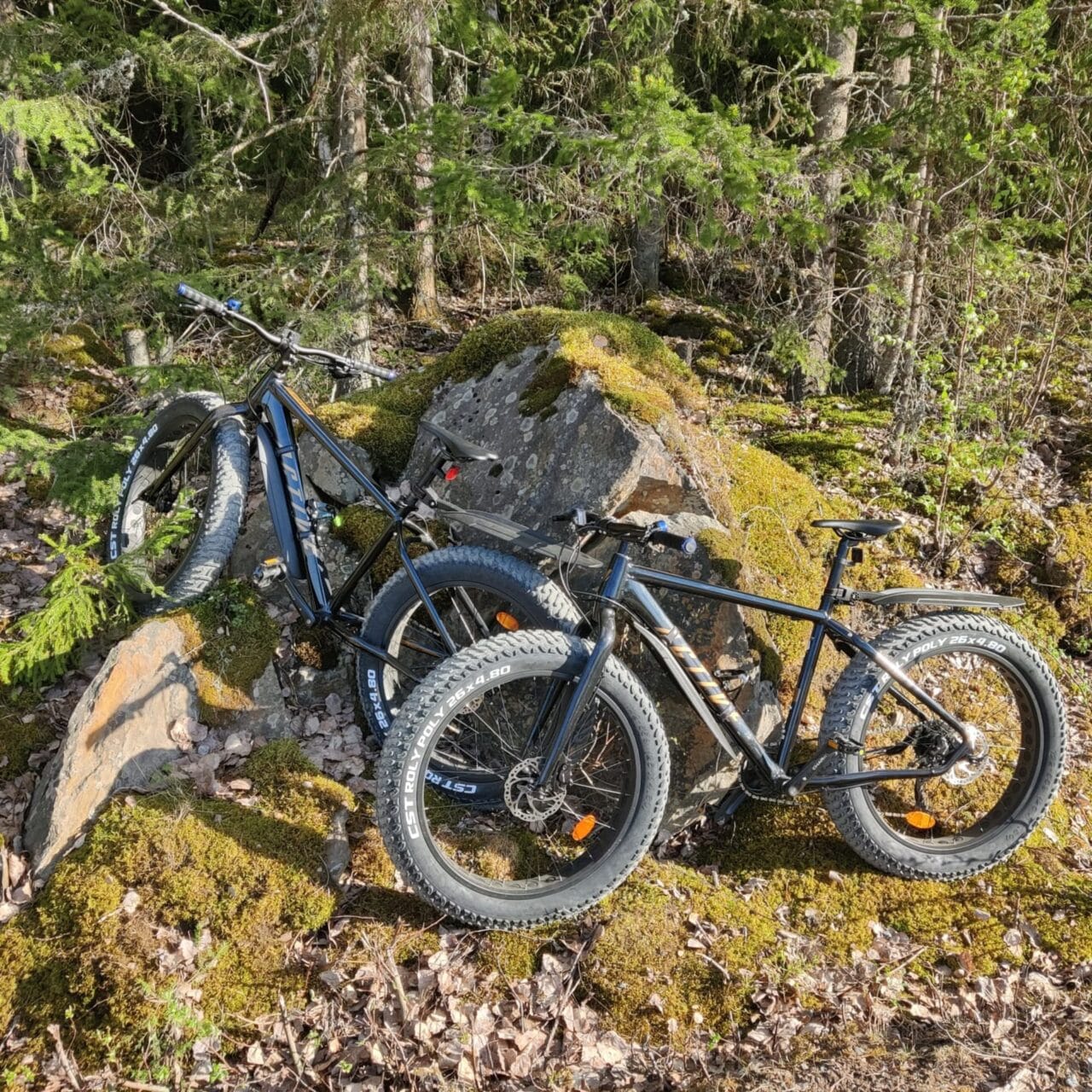 2 Läskipyörää nojaamassa kiveen.
