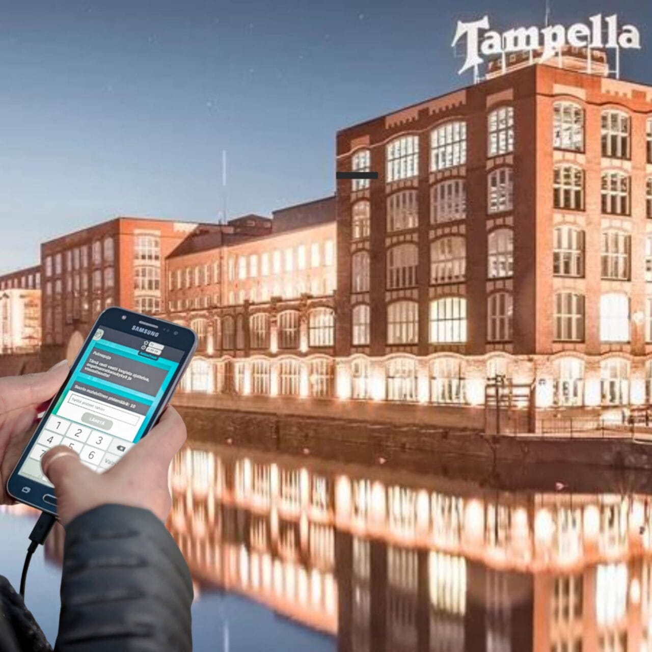 Phone in front of the landscape of Tammerkoski rapids