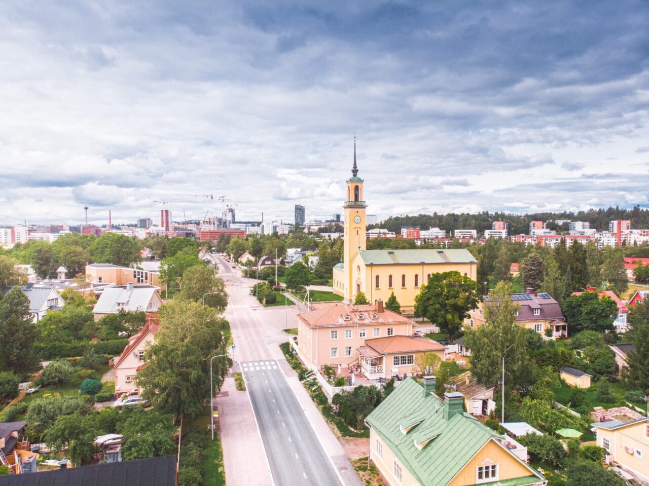 Aerial photo of Viinikka skyline with Viinikka Church bell tower.