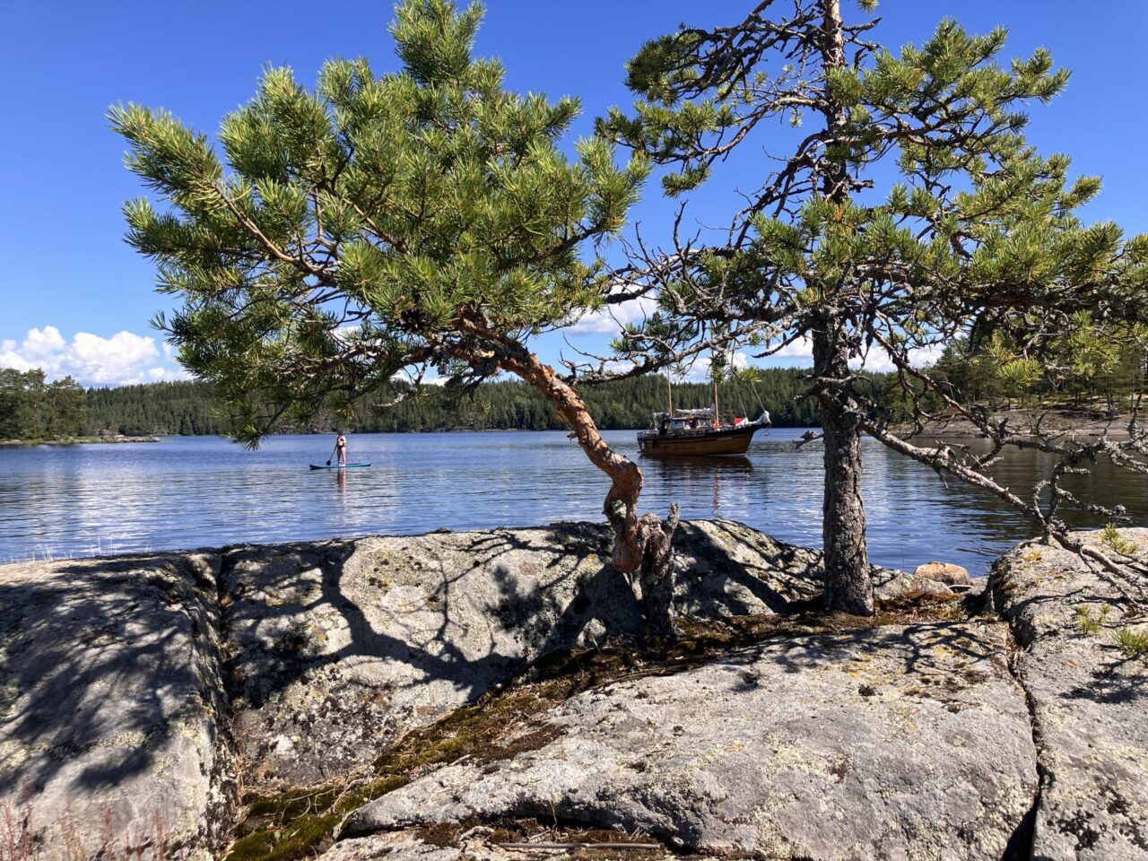 Saarinäkymä, kalliota, puita ja vene seilaamassa järvellä