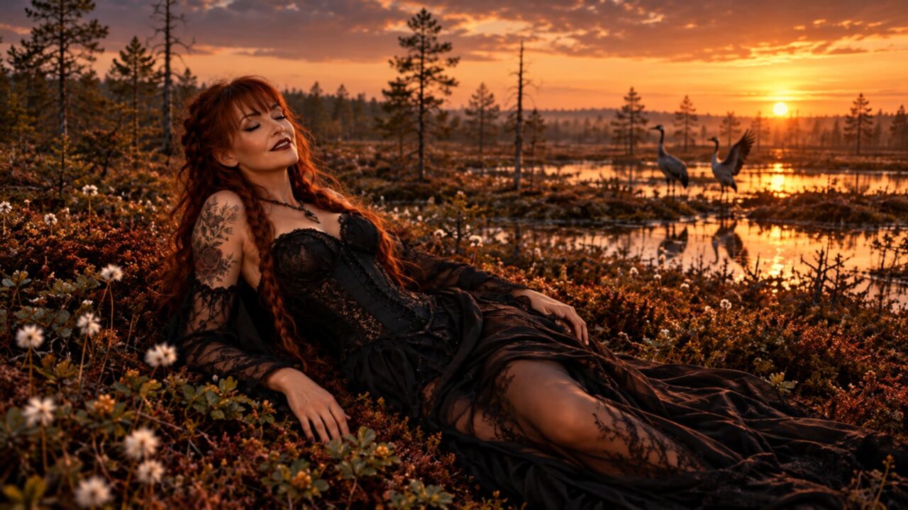 Fantasy artwork of Aikuisten Regina® reclining peacefully in a Finnish wetland at sunset, surrounded by golden autumn vegetation, reflective water and two cranes. Part of the Aistimetsä® sensory storytelling world.